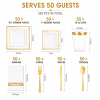 Service de vaisselle jetable à bord doré pour 50 invités, 350 pièces, assiettes carrées en plastique robustes, couverts, gobelets, serviettes pour mariage et fête