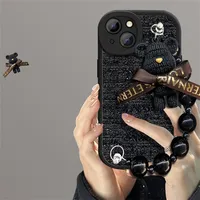 Coque de téléphone 3D Ours avec chaîne de poignet, motif brillant, protection souple de l'objectif pour iPhone 11 12 13 14 Pro Max X XR XS
