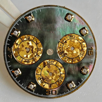 Cadran de montre chronographe Tahitian Black MOP, sous-cadrans à 3 aiguilles avec confettis en flocons dorés, index des heures en diamant rond, compatible avec les mouvements 4130 4131