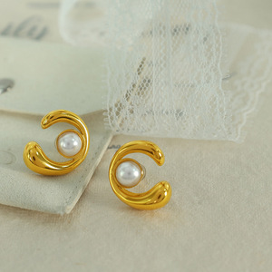Pendientes de Perlas con Engaste Geométrico Dorado para Uso Diario EH85 - Product Image 4