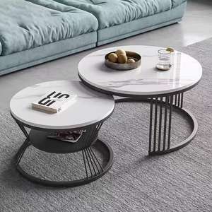 圆形茶几2件套，客厅现代茶几，人造大理石中央桌茶几，带储物床头柜 - Product Image 1