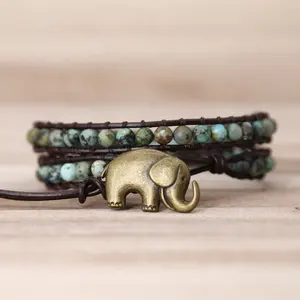 Vintage Elephant Button Leather Bracelet Natural Stone Beads African Turquoises Wrap Bracelets Jewelry Accessories Women