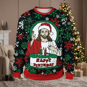 Suéter Feo de Navidad con Estampado de Jesús y Feliz Cumpleaños, Jersey de Punto para Hombre, Cuello Redondo, Corte Regular, Sudadera Informal de Invierno - Product Image 3
