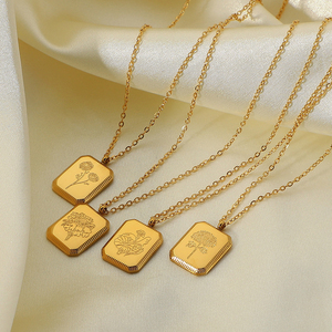 Collana con Fiore del Mese di Nascita 2026, Ciondolo Floreale Quadrato Vintage, Gioiello Impermeabile Personalizzato, Regalo per Damigelle - Product Image 3