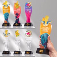 Trophée en cristal personnalisé en gros, récompense musicale et de danse, emblème en métal doré gravé, prix du gagnant en cristal transparent avec base noire, logo OEM