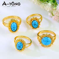 En stock, vente en gros, bagues en or 21 carats avec pierre turquoise, bagues de mariage de luxe en turquoise et zircon pour femmes
