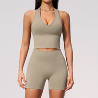Ensemble de yoga 2 pièces sans couture pour femme 7725-11, tricoté, col halter, col en V, effet push-up, contrôle du ventre, tenue de sport pour la course