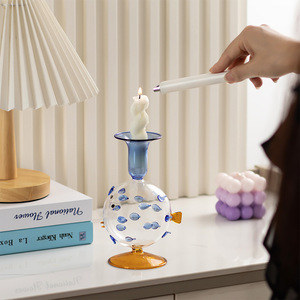 Portavelas de Vidrio con Forma de <span class=keywords><strong>Pez</strong></span> Burbuja, Decorativo con Puntos Azules, para Decoración de Hogar de Estilo Costero - Product Image 5