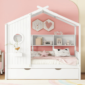 Modern Wooden Full Size <b>House</b> <b>Bed</b> With Trundle, Modern Design for Kids with Storage Shlef, White - Product Image 1
