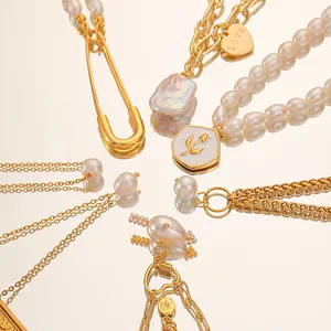 精致的不锈钢珍珠饰品18k镀金项链女孩巴洛克淡水珍珠项链