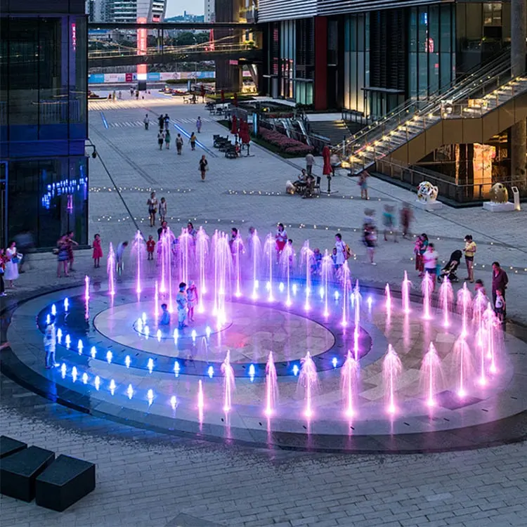Открытый декоративный большой современный фонтан для танцев на сухом полу с огнями для сада