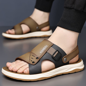 Men's Genuine Leather Flat Sandals Open Toe Rubber Outsole Anti Slip Casual <b>Beach</b> <b>Shoes</b> - Product Image 4
