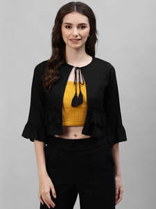 Chaqueta tipo bolero de rayón liso para mujer con volantes Dori, manga 3/4, cuello redondo, top informal - Product Image 1