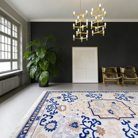 Tapis d'appoint noué à la main, haut de gamme, écologique, antidérapant, en laine à poils longs, beige, motif floral bleu, style oriental traditionnel