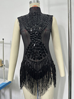 Justaucorps Noir à Strass et Paillettes, Franges, Maille Transparente, Col Roulé, Sans Manches, Style Gothique, pour Spectacle, Danse Drag, Scène, Costume de Danseuse