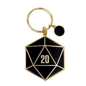 Marketing sale metal custom D20 black enamel dice keychain with charm