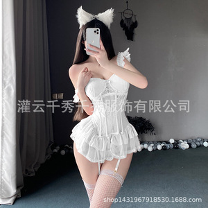 Nuevo estilo de lencería tipo corsé, conjunto de uniforme de sirvienta con lazo lindo, sexy y seductor, estilo Catwoman, venta al por mayor, tres piezas. - Product Image 4