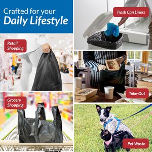 T-shirt Plastic Bags Black Plastic Bags with Handles (Plain) | Ideal for Grocery, <b>Shopping</b>, Food Take Out/To Go, <b>Small</b> Business - Product Image 6