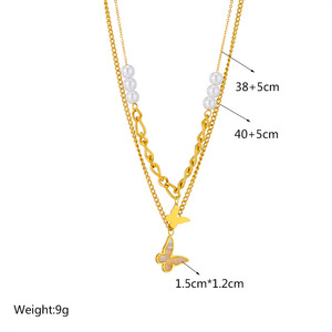 Double Layer Butterfly Pendant Necklace Gold Imitation Pearl Chain Party Jewelry Geometric Design N1835 - Product Image 4