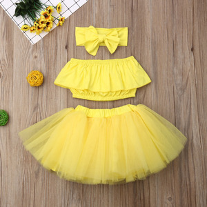 Sleeveless Summer 2021 Headband Tube Dress <b>Elastic</b> Solid Yellow Blouse <b>Lace</b> Bubble Skirt Three Pieces Set Baby Girls Suits - Product Image 4