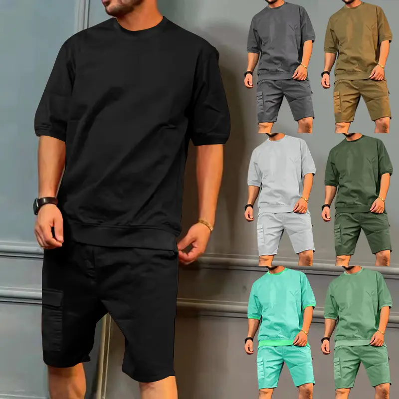 Men's shorts sets fashion sportswear cross-border trend casual short-sleeved short pants suit men's plain T-shirts sweat suit