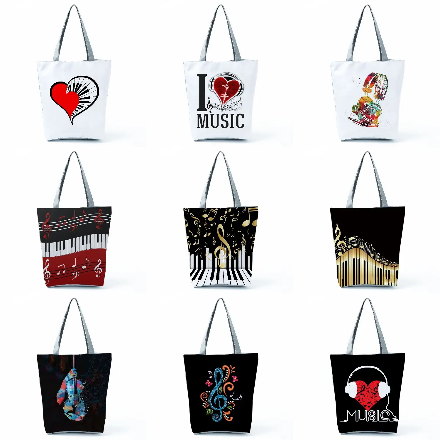 Fashion Piano Guitar Printed Handbags Note Music Tote Bags For Women Wholesale Big Shopping Bag Cheap Polyester Shoulder Bags