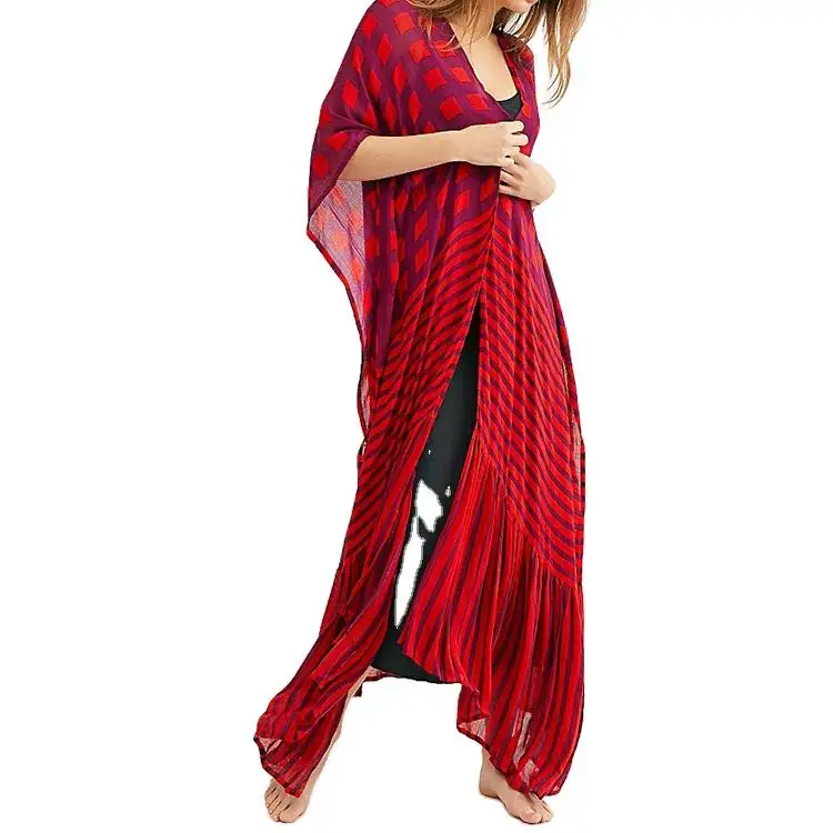 Полупрозрачные легкие женские макси-длинные красные кимоно с принтом и оборками на подоле