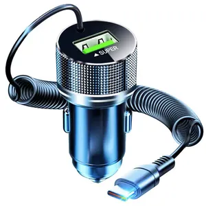 Chargeur de voiture avec logo personnalisé et câble USB rétractable Adaptateur de véhicule à charge rapide 12V Type C Produits tendance 2023 Nouveautés