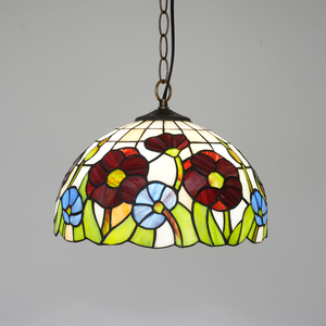 Lampadario in Stile Rustico di Ultima Generazione con Paralume in Vetro Colorato Tiffany a Forma di Fiore di Papavero per Caffetteria - Product Image 1