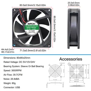 80x80x25 tay áo mang 5V 80mm 8025 trường hợp máy tính mini 12V Fan DC dòng chảy hướng trục quạt làm mát