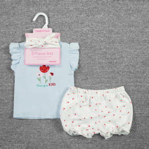 Conjuntos de Ropa de Verano para Bebés al por Mayor, 0-24 Meses, Juego de 3 Piezas con Diadema, Algodón, Estampado Floral, Estilo Europeo-Americano - Product Image 2