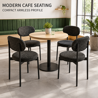 Chaise de restaurant en tweed avec dossier ovale sculpté, tissu Salt Pepper, structure en métal noir mat
