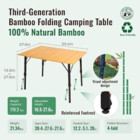 Table pliante en bambou, table de camping pliable à 4 volets, hauteur réglable, portable, légère et compacte avec structure en aluminium