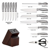Vente en gros de couteaux de chef professionnels de 8 pouces en acier inoxydable 3Cr13, ensemble de 14 pièces, support en bois, revêtement antiadhésif
