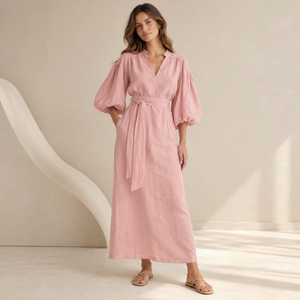 Vestido Maxi Rosa de Lino Sólido con Mezcla de Telas, Cintura Natural, Lazo, Manga Abullonada, Cuello en V, Estilo Casual Cruzado para Viajes de Verano - Product Image 1