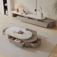 Table basse rétractable italienne de luxe en dalle de pierre de style crème et meuble TV intégré salon minimaliste moderne
