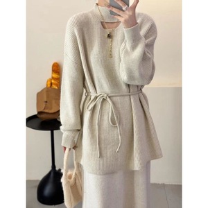 Suéter suelto de punto LARGO DE Color sólido de estilo coreano con diseño Cauchy de Otoño e Invierno para mujer - Product Image 1