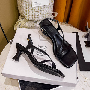 Sandales à talons pour femmes, bout carré, talon aiguille, élégantes, à enfiler, tendance mode, décorées d'une boucle, été 2025, nouveau style - Product Image 4