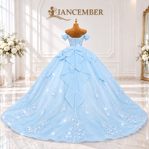 Lsdz023-Pz Radiant Aqua <b>Blue</b> Scalloped Sweetheart Cascading Pearl Vine Starlight Mesh <b>Ball</b> <b>Gown</b> Quinceanera Dress Jancemebr - Product Image 2