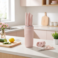 Ensemble de 6 couteaux de cuisine roses en acier inoxydable avec bloc, logo personnalisé, marque privée, couteaux multifonctions, vente en gros, durables et tranchants