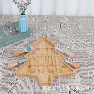 Stars Bamboo Christmas Tree <b>Cheese</b> Board With <b>Knife</b> Fork <b>Set</b> For Party Food Serving - Product Image 1