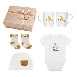 Hot Sale Luxury Cotton Newborn Baby Gift Set 5pcs Bear Theme Onesie <b>Hat</b> Socks Mug Set with Gift <b>Box</b> for Baby Shower - Product Image 2
