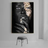 Tableau ภาพจิตรกรรมฝาผนังศิลปะแอฟริกันผู้หญิงสีดำและสีทองพิมพ์ภาพศิลปะผนังสแกนดิเนเวียนสำหรับห้องนั่งเล่น