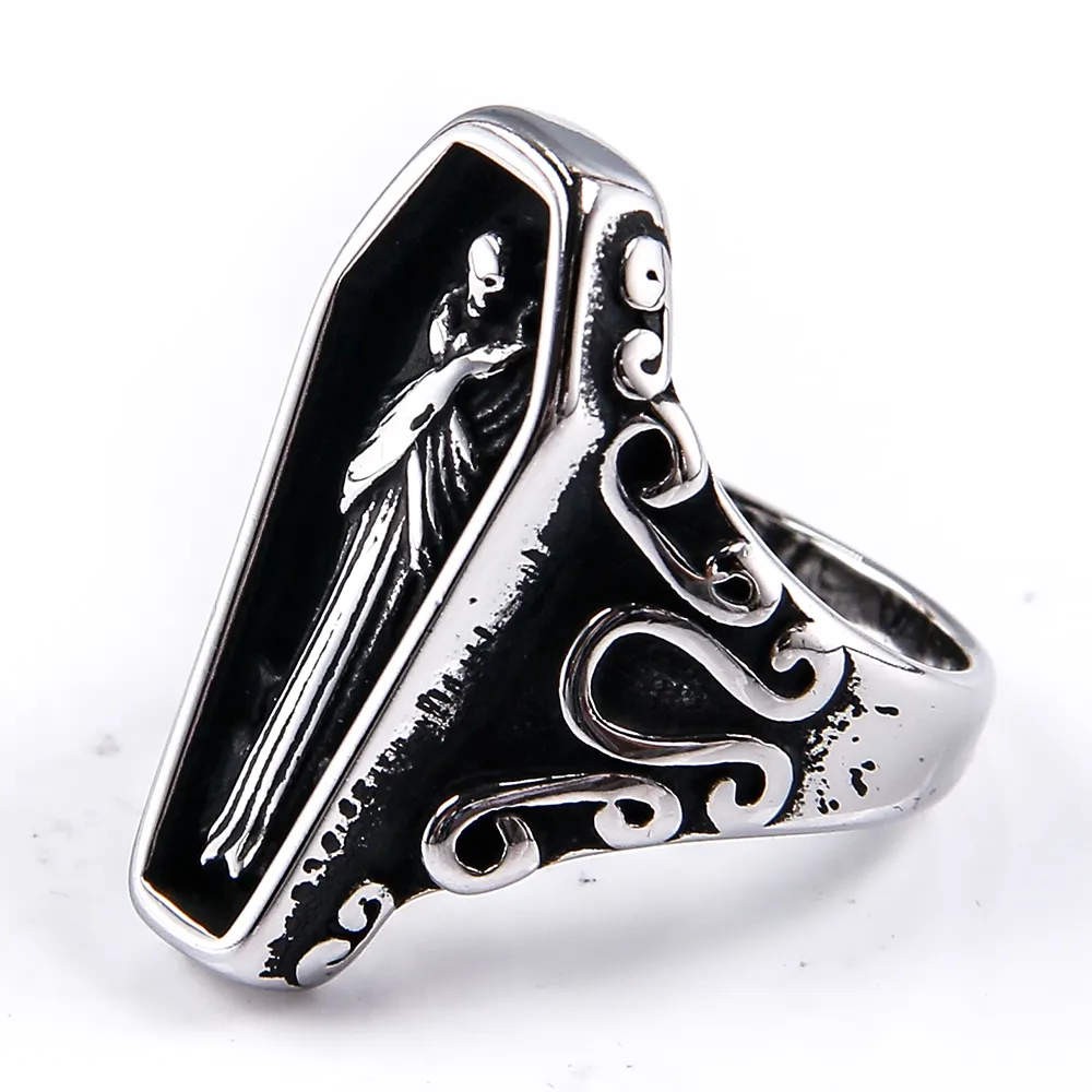 Anel de titânio aço joias retrô, personalidade europeia e americana de aço inoxidável jóias masculinas góticas punk mamãe anel de caixão