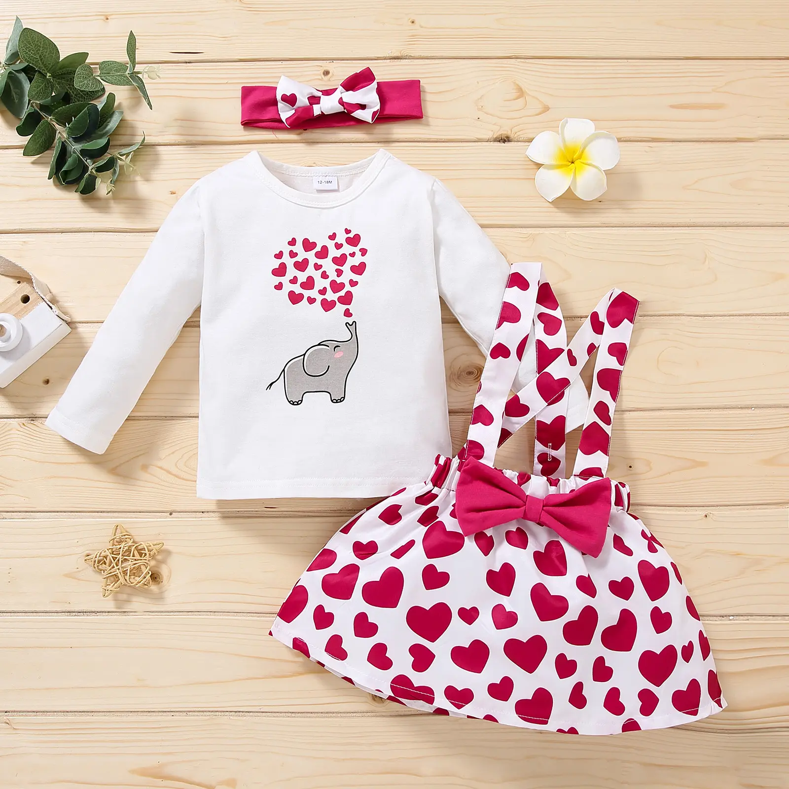 Ensemble de vêtements pour bébé fille, T-shirt manches longues col rond + jupe à bretelles + bandeau, motif imprimé cœur, tenue pour enfant, 2 pièces