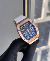 Montre mécanique pour homme en or rose ajourée en forme de baril de vin, bracelet en caoutchouc blanc, montre-bracelet pour homme d'affaires