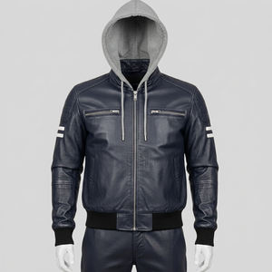 Conjunto Deportivo de Piel Sintética Azul Marino con Capucha para Hombre – Chaqueta Biker con Cremallera Completa y Pantalones Jogger Acanalados, Conjunto de Dos Piezas - Product Image 1