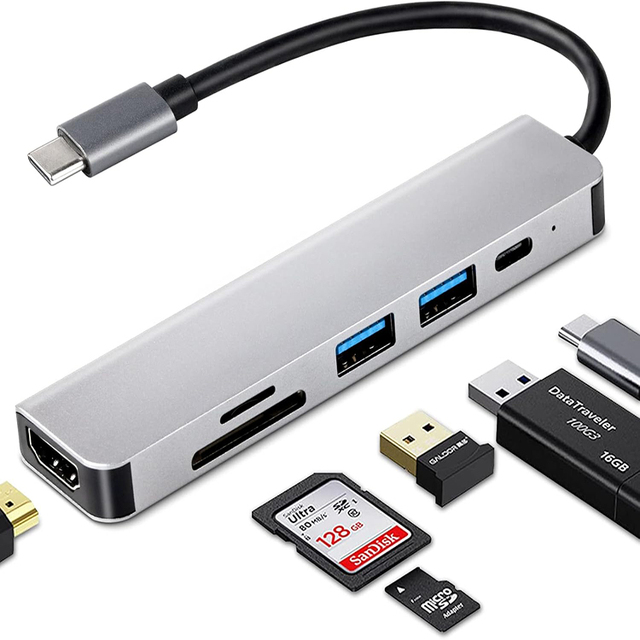 6-in-1 Type C Hub USB Hubs for Convenient Multi-Device Connectivity