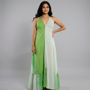 Robe longue élégante coupe trapèze en viscose à col licou et couleur contrastante avec volants, style soirée d'été, vente en gros en ligne - Product Image 1