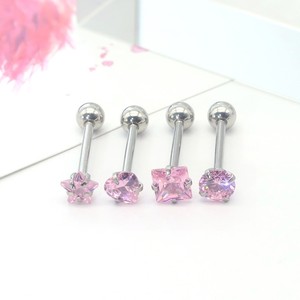 Piercing de langue en acier inoxydable en forme de cœur avec zircon rose, bijou 16G à filetage externe - Product Image 3